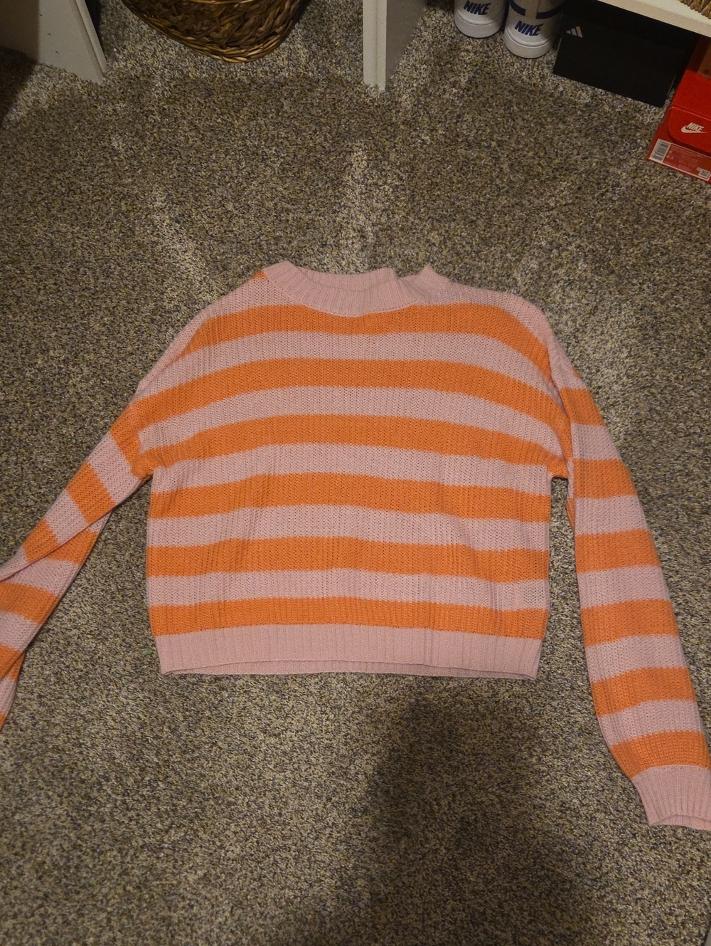 SHEIN Pink and Orange Striped Crewneck Sweater